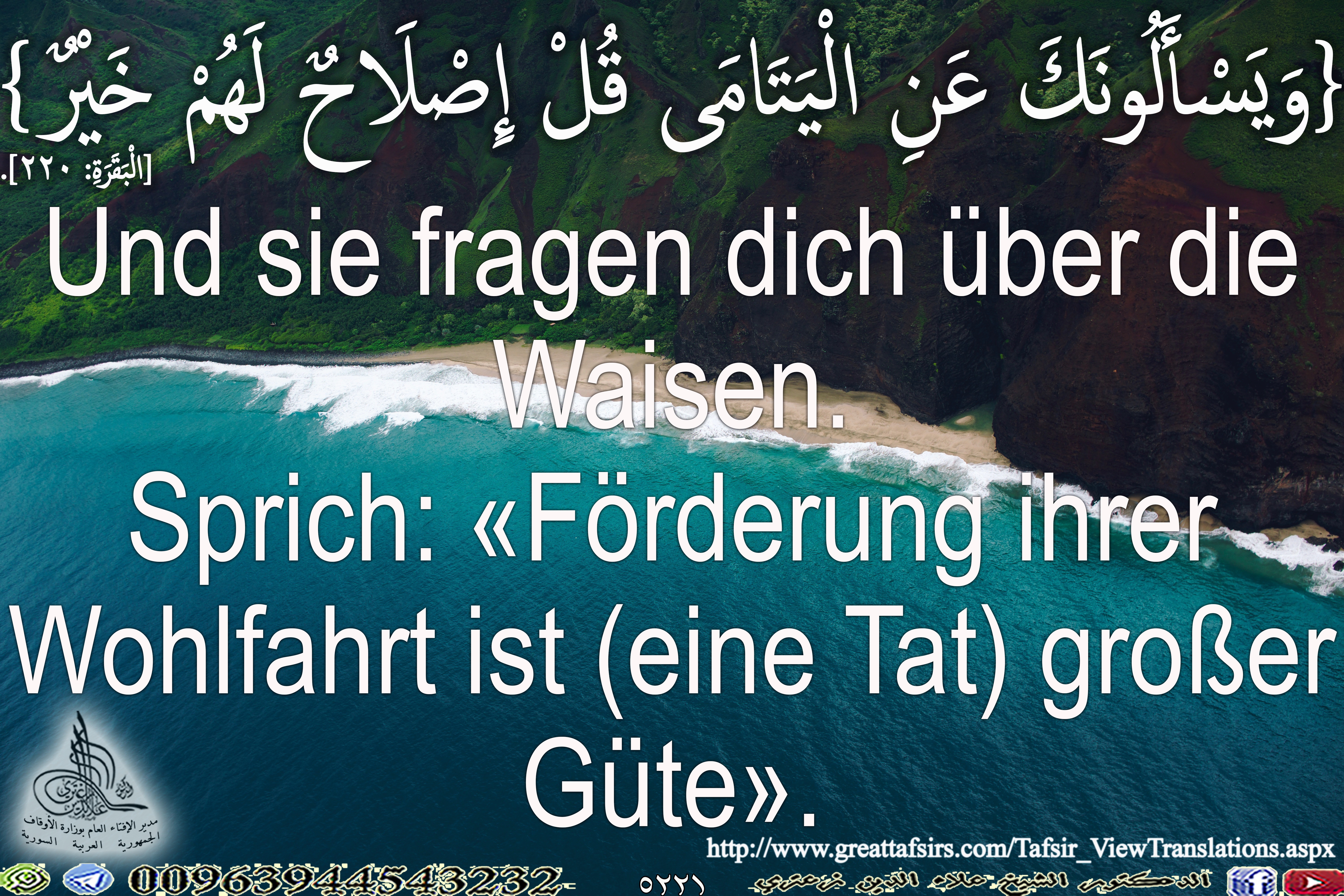 {وَيَسْأَلُونَكَ عَنِ الْيَتَامَى قُلْ إِصْلَاحٌ لَهُمْ خَيْرٌ} [البقرة 220]. باللغة الألمانية.